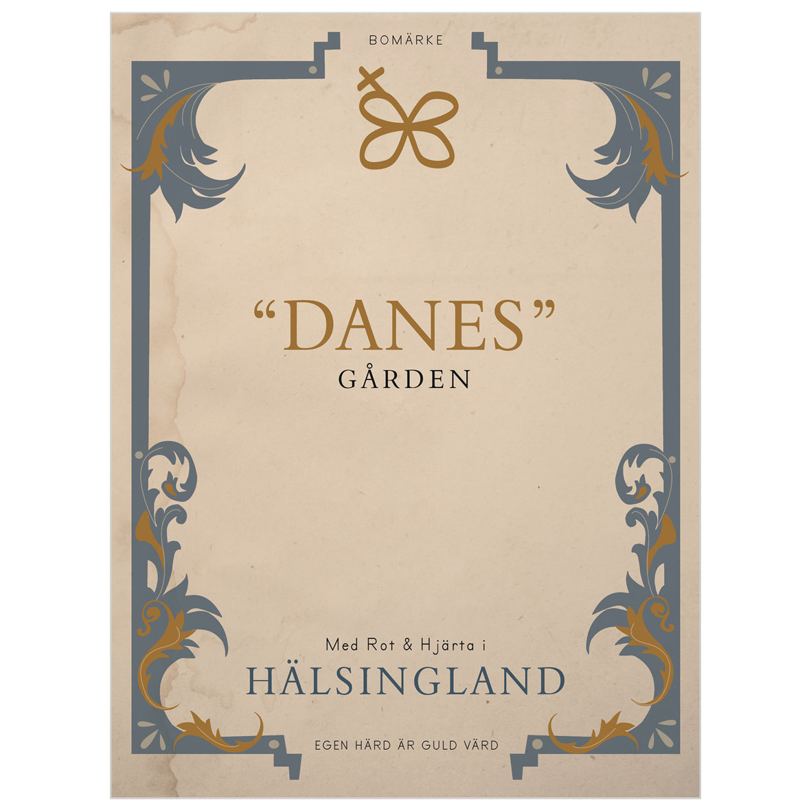 Personlig poster med bomärke och gårdsnamn, inspirerad av släktgårdsdiplom