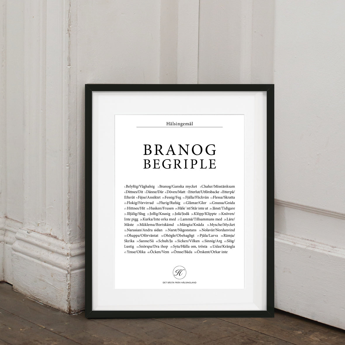 Snygg tavla med ordlista på typiska hälsingeord i dialekt