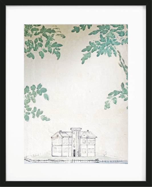 Tavla med målning av träslott från Hälsingland