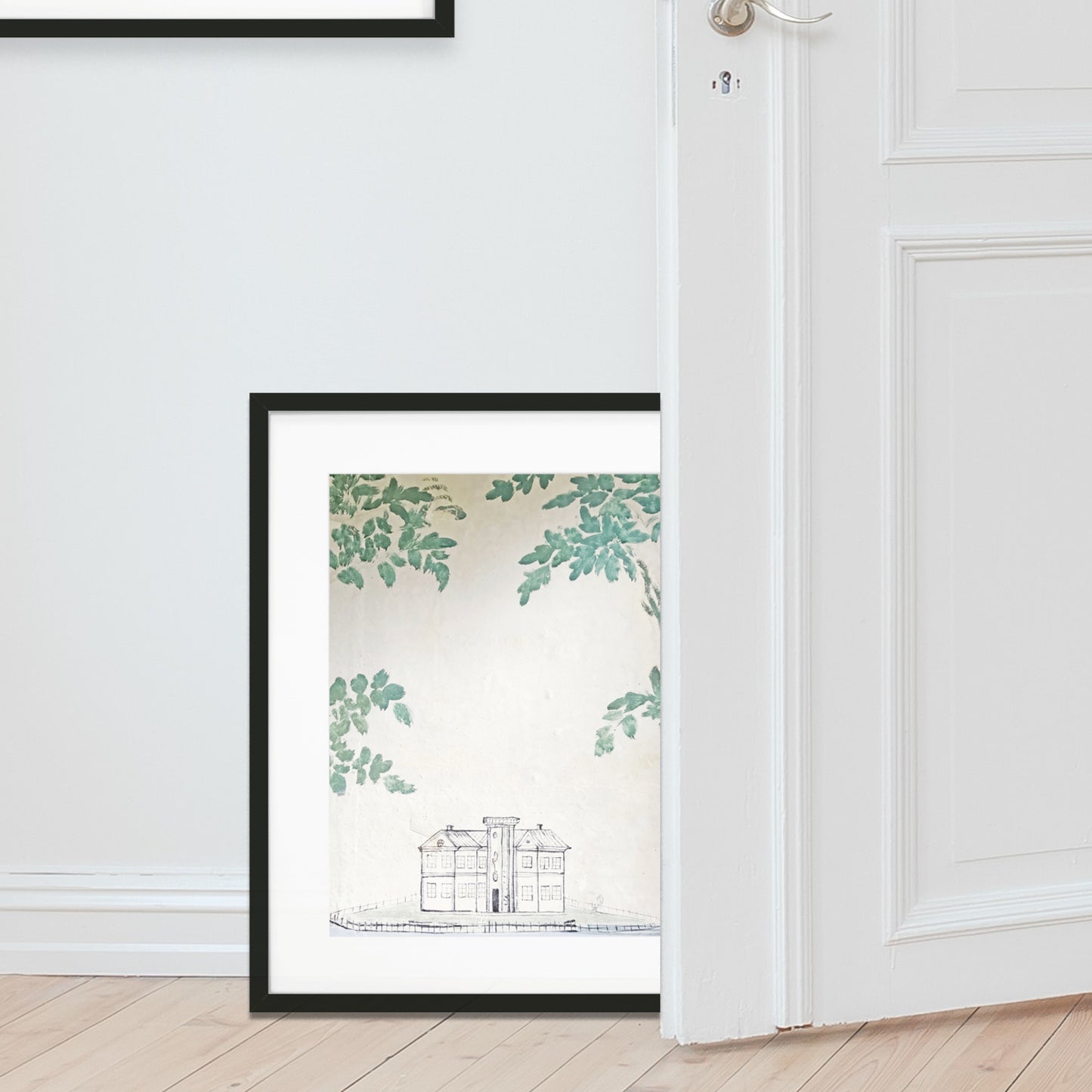 Målning av gammalt hus i ram