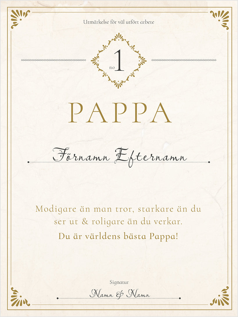 Presenttips till pappa – Ett personligt diplom som poster att rama in och hänga på väggen.