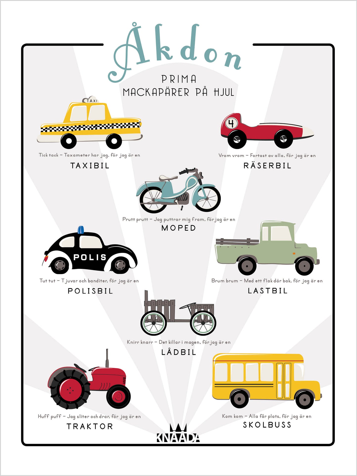Poster med illustration av färgglada bilar för barnrum.