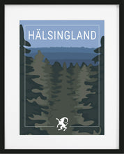 Load image into Gallery viewer, tavla med poster Hälsingland, motiv hälsingebock och blåa berg
