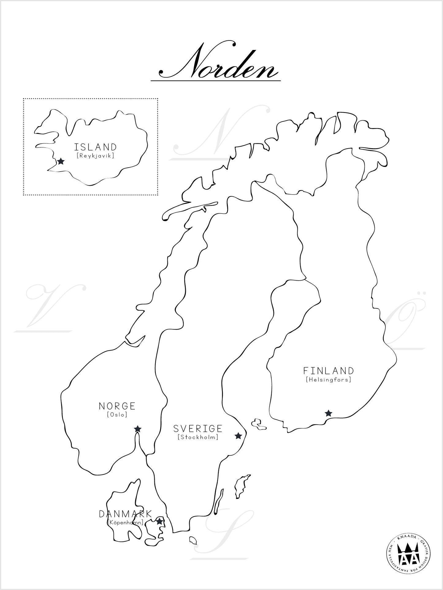 Poster med karta av Sverige, Norge, Danmark, Finland och Island