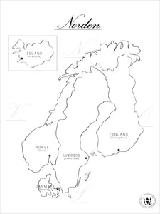 Poster med karta av Sverige, Norge, Danmark, Finland och Island