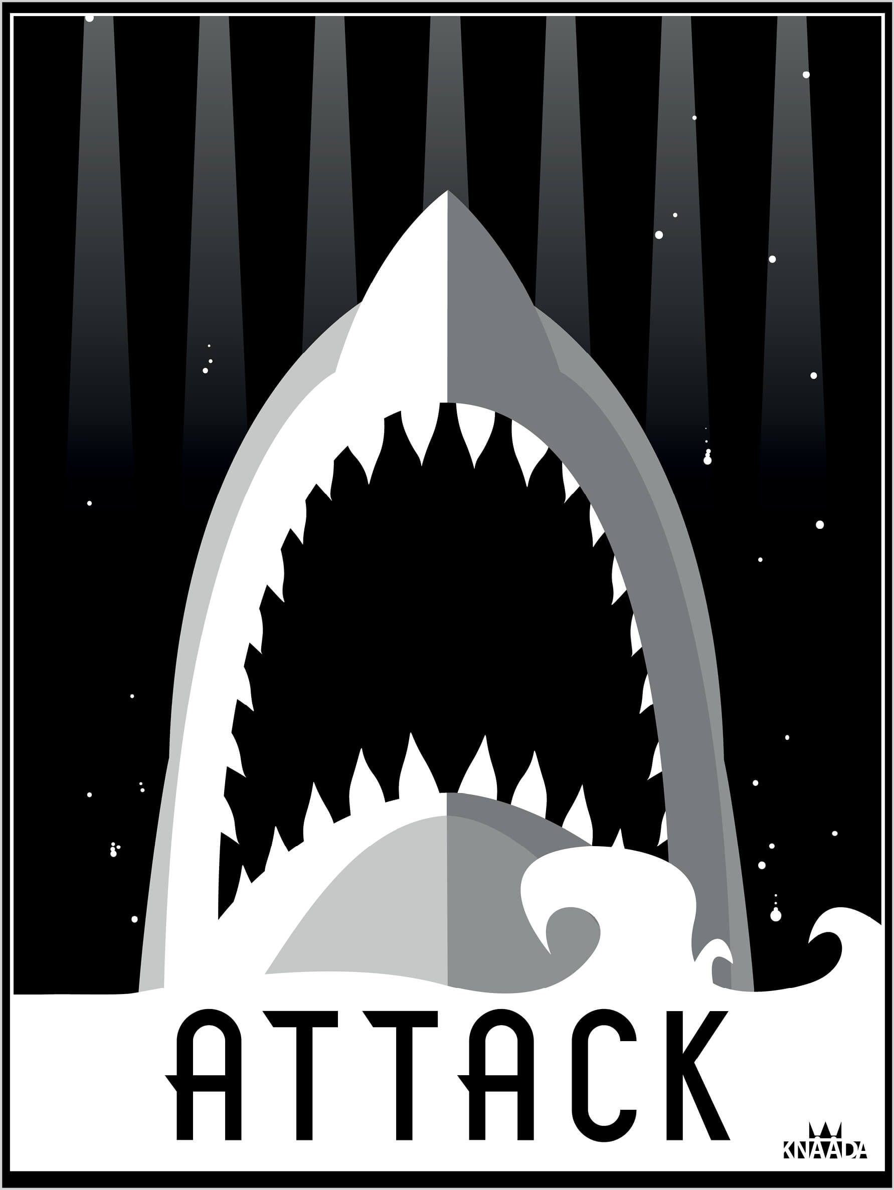 Svartvit illustration/filmaffisch med haj.